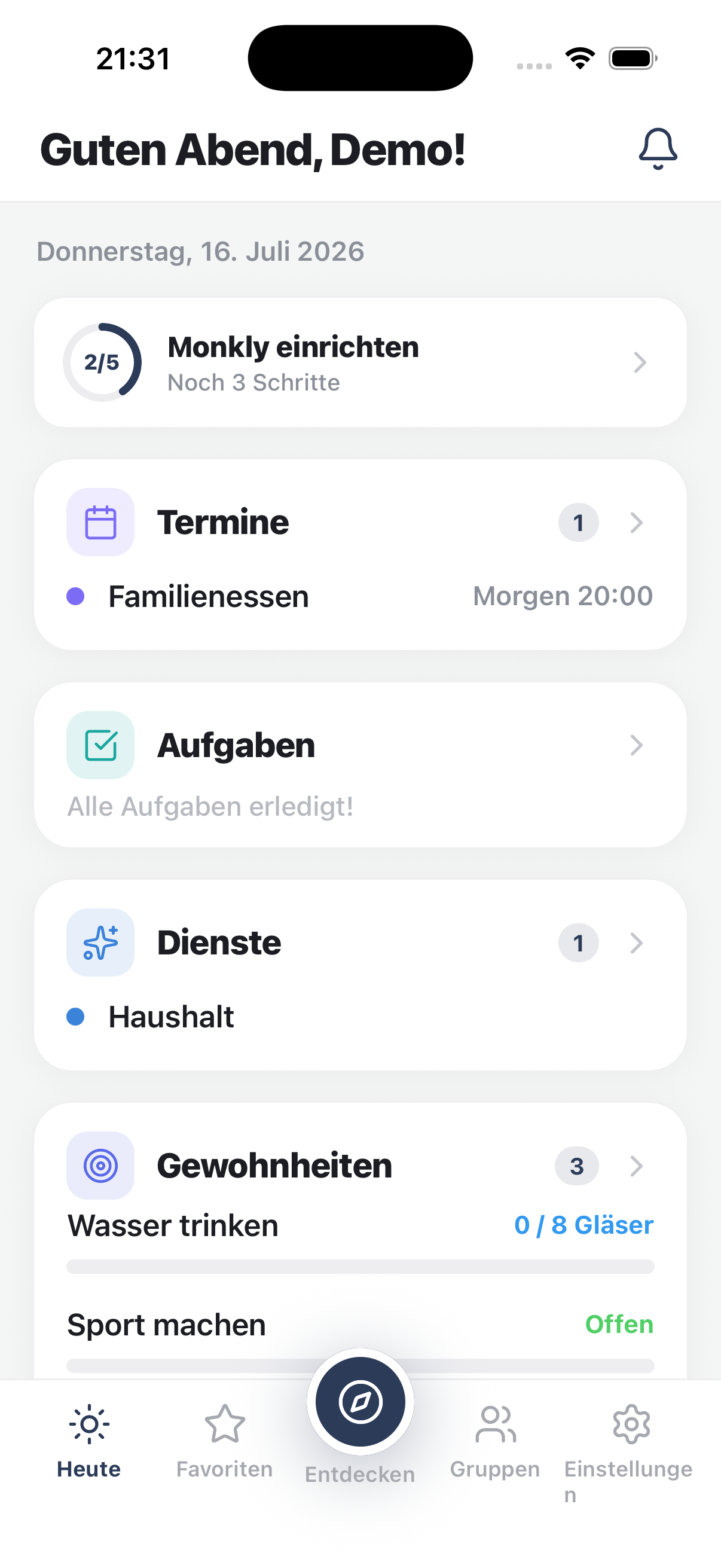 Monkly App - Startbildschirm